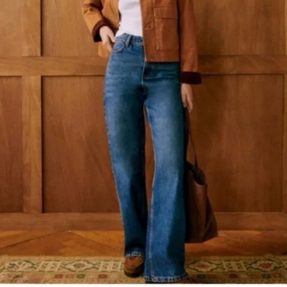 Sézane Jeans Le Crop Denim Blue Wide Leg Jeans Size 6